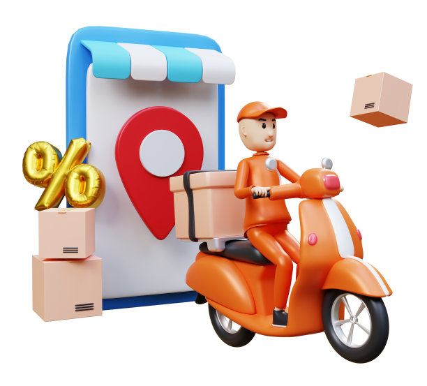 带智能手机的送货员驾驶滑板车。电子商务概念，网上购物和移动应用程序，网页，应用程序设计。三维渲染图片下载