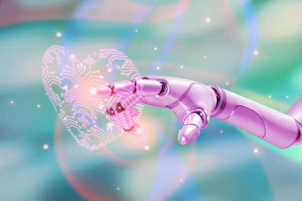 3D机器人AI手指向cirkit标志在多色抽象背景心形，AI -爱的概念图片下载