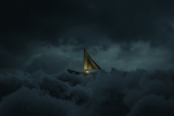 3D渲染废弃的木船与飘扬的帆布在蓬松的乌云图片下载