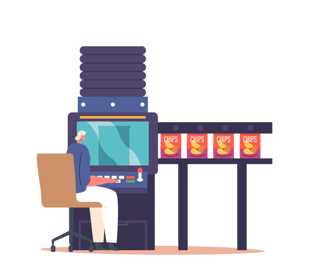 马铃薯片制造过程。工厂女工穿着制服坐在传送带旁图片下载