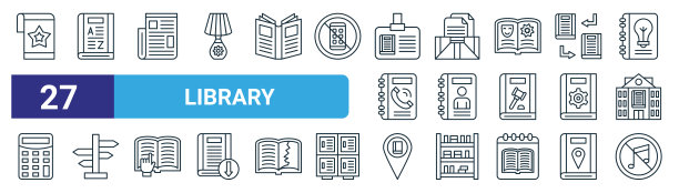 设置27个大纲网络图书馆图标，如书签，字典，报纸，档案，日记，方向，图书馆，没有音乐矢量细线图标的网页设计，移动应用程序。图片下载
