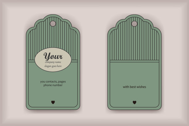 名片模板，标签设计，绿色条纹标签与卷曲修剪图片下载