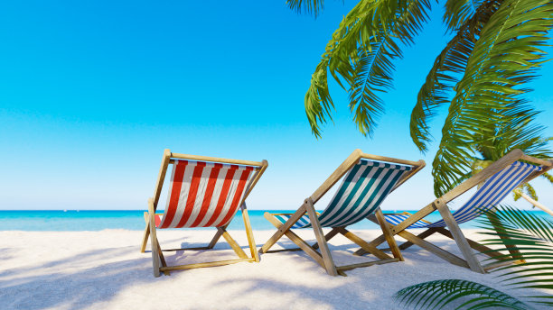 暑假概念背景与沙滩上的沙滩椅与棕榈树。三维渲染图片下载