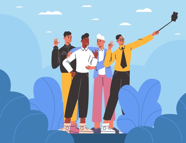 组有问题。快乐的朋友团队用前置摄像头拍照。人们通过手机制作美丽的照片。智能手机还能拍快照。男人们摆姿势拍照。向量的概念图片下载