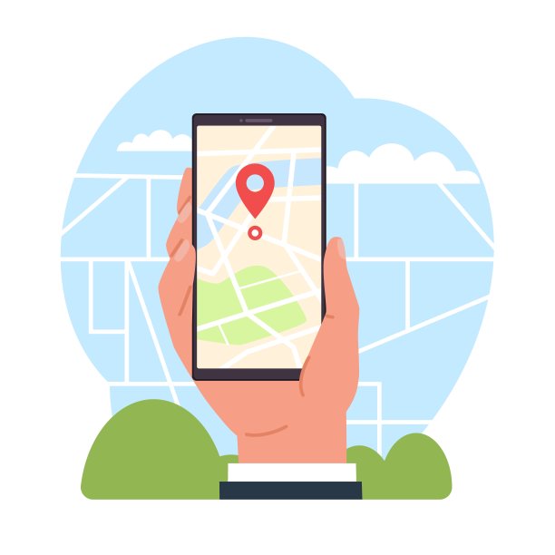 手机导航应用程序与地图和位置指针。手持智能手机，设备屏幕上显示城市街道。Gprs应用程序，在线导航应用程序。卡通平面插图。向量的概念图片下载