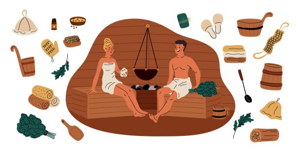 桑拿元素。水疗的过程。浴室配件。毛巾和橡木扫帚。人们戴着帽子和毛巾放松。身体排毒。夫妻俩热气腾腾。澡堂放松。加里什向量集图片下载