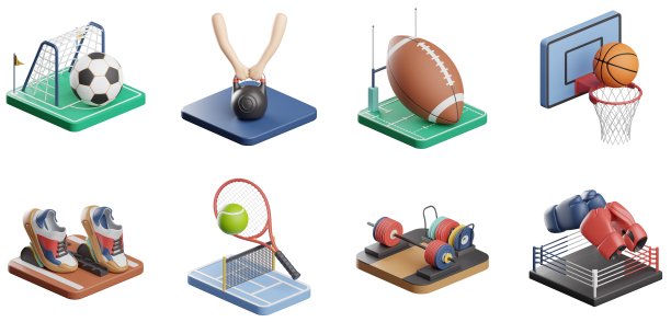 3D运动器材套装足球壶铃篮球网球跑步拳击橄榄球比赛积极生活方式运动用品团队游戏UX UI图标Web设计元素3D渲染插图图片下载
