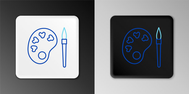 线条油漆刷与调色板图标隔离在灰色背景上。彩色轮廓概念。向量图片下载