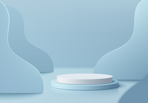 三维背景与现实的白色和蓝色圆柱体讲台。波浪场景背景。抽象的最小墙景。粉彩模型产品展示。几何平台。舞台展示。三维矢量渲染。图片下载