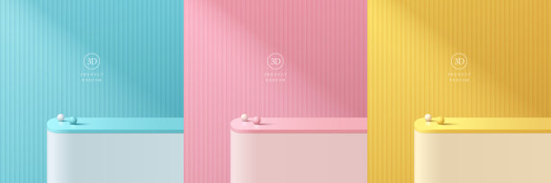 集3D矢量场景背景与现实的黄色，蓝色和粉红色圆角站讲台。抽象的最小工作室房间。模型产品展示。粉彩几何平台。展示舞台。图片下载