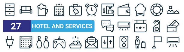 一套27轮廓网络酒店和服务图标，如抽屉柜，沙发，啤酒杯，钱包，空调，日历，电梯，空调矢量细线图标的网页设计，移动图片下载