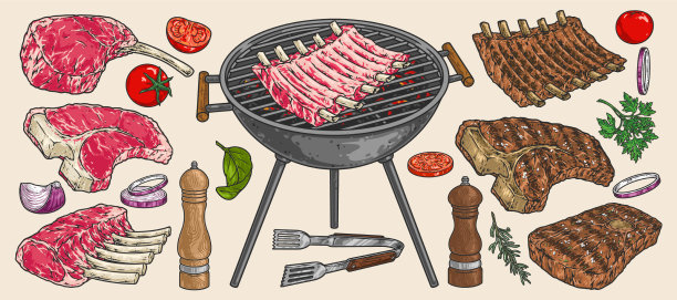 牛排牛肉彩色套装贴纸图片下载