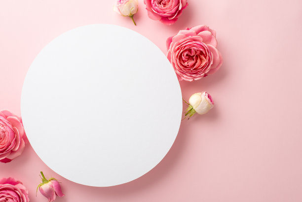 母亲节的概念。顶部视图照片的白色圆圈和粉红色牡丹玫瑰在孤立的粉彩粉红色背景与复制空间图片下载