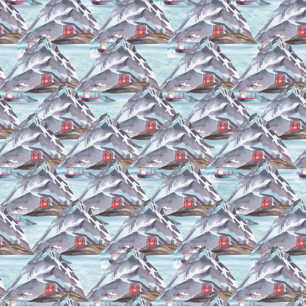 天衣无缝的图案与山和房子。手绘孤立的白色背景。图片下载