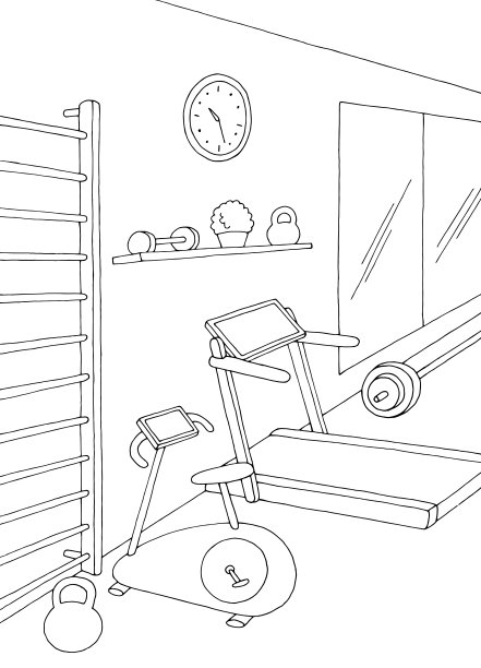 健身房内部图形黑白垂直素描插图矢量图片下载