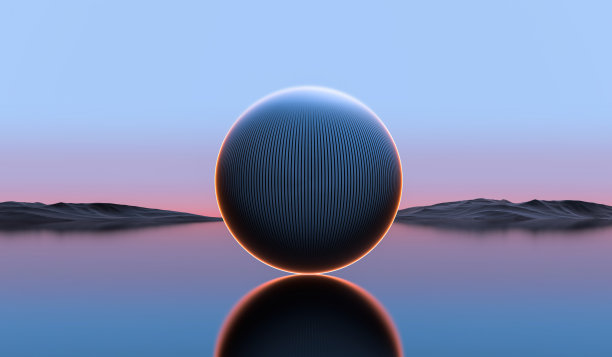 球的边缘是霓虹橙色，背景是山脉和日落在地平线上，一个湖，水。未来的幻想球和景观。抽象的未来主义球体，分为带有霓虹灯照明的条纹。三维渲染图片下载