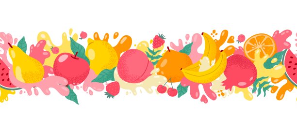 水果和浆果汁溅边。无缝的图案与甜美的水果和浆果，新鲜多汁的飞溅苹果，香蕉，梨，桃子。矢量图图片下载