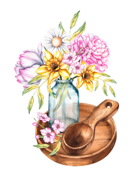 水彩花束在玻璃花瓶与木勺在木托盘图片下载