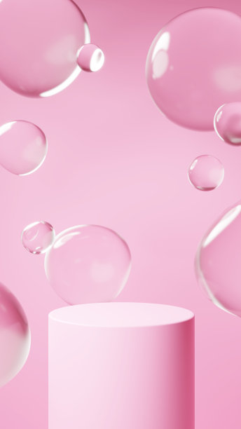 3 d演示。粉红色的背景上漂浮着许多水滴。底座背景材料。(垂直)图片下载