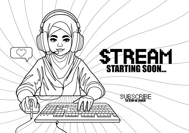 穆斯林女孩游戏玩家或带猫耳朵耳机坐在电脑前图片下载