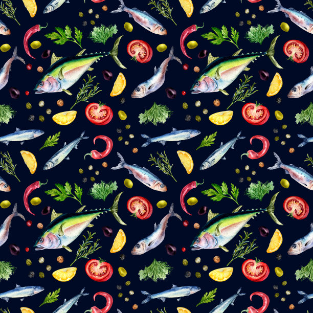 无缝图案的金枪鱼，沙丁鱼和草药水彩隔离在黑色上。图片下载