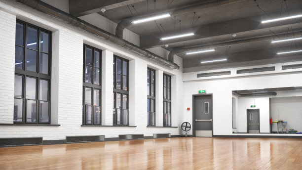 空荡荡的大厅。舞蹈室，有镜子和大窗户。三维演示图片下载