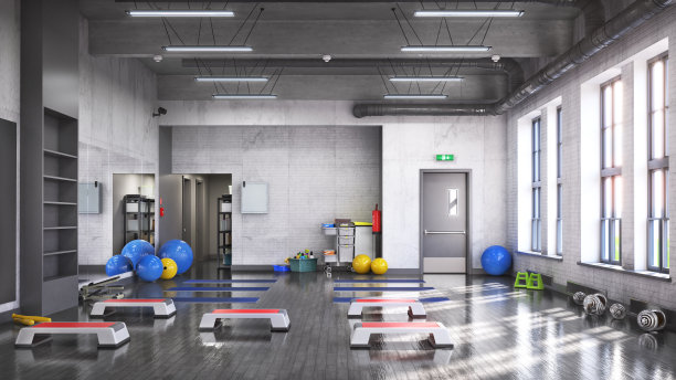 有镜子和窗户的健身房。三维演示图片下载