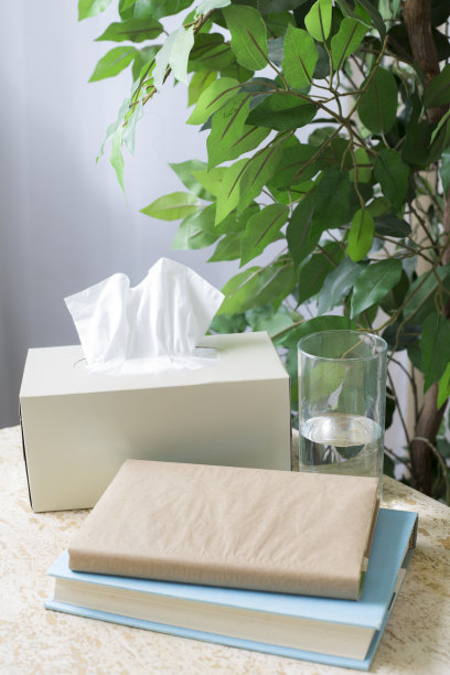 一盒纸巾放在桌子上，背景是绿色植物。在装纸巾的盒子旁边放一杯水和一本硬皮书。图片下载