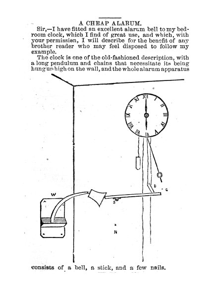 19世纪发明廉价闹钟;1867年英国机械杂志图片下载