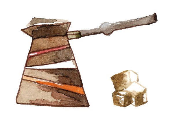 长柄的棕cezve和红糖。图片下载