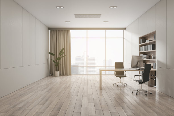 现代家庭办公室室内家具，木地板，窗户与城市景观和窗帘，书架。3 d渲染。图片下载