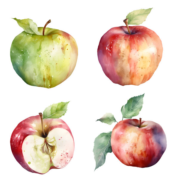 苹果丰收系列水彩插图，孤立在白色。图片下载