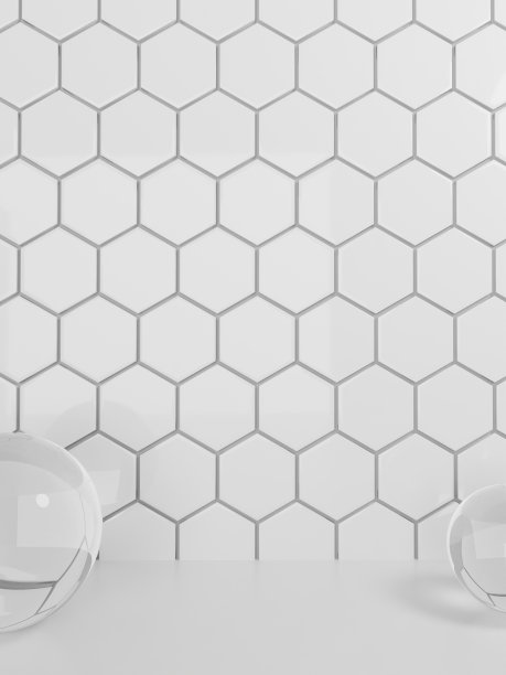 3D渲染浴室或厨房粉彩六边形瓷砖和水晶球在阳光背景下的洗漱用品或厨具产品显示图片下载