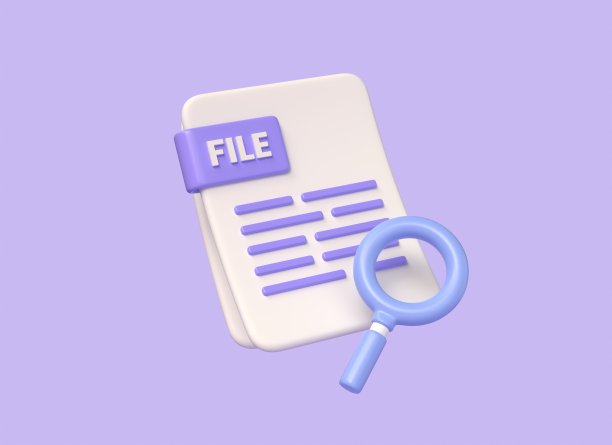 3d文件和放大镜图标在卡通风格。概念图像或文件搜索，文件管理。和插图在紫色的背景。三维渲染图片下载