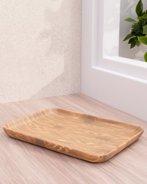 空木托盘上的柜台3D渲染。图片下载