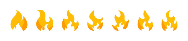 黄色火图标平面集合。火焰图标。消防安全矢量图。矢量火焰插图。矢量表情集。向量图形。图片下载