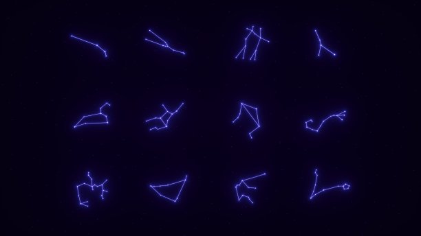 紫色霓虹灯一套所有星座与星星- 3D插图图片下载