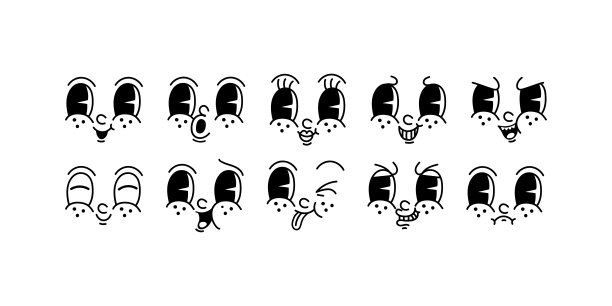 20世纪30年代40年代的卡通面孔。复古的情绪脸，老式的滑稽的眼睛和嘴巴，不同的面部表情在白色背景。向量组图片下载