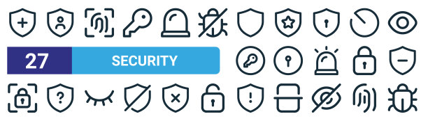 27个大纲web安全图标，如盾牌，盾牌，指纹扫描仪，盾牌，锁眼，感叹，漏洞矢量细线图标的网页设计，移动应用程序。图片下载