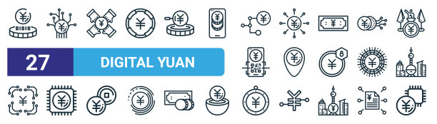 27个网页数字人民币细线轮廓图标集，如金钱、合作、位置、CPU、芯片矢量图标，适用于网页设计和移动应用图片下载