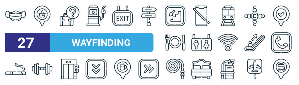 一套27轮廓网络寻路图标，如口罩，购物中心，无人认领的行李，没有电话，厕所，健身房，消防软管，出租车矢量细线图标的网页设计，移动应用程序。图片下载