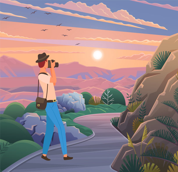 男子正在拍摄风景照片。男性旅行者拍摄山景。男子徒步旅行，拿着相机图片下载