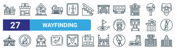 一套27轮廓网络寻路图标，如城市，法里，房子，公共汽车，地铁，没有火，城堡，商业中心矢量细线图标的网页设计，移动应用程序。图片下载