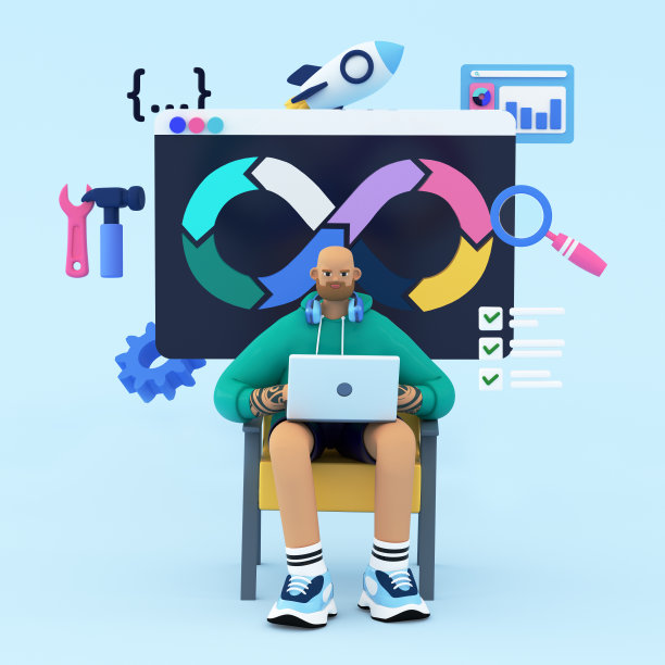 DevOps概念说明。Web屏幕的软件开发与图标的计划，编码，构建，测试，发布，部署，操作，监控。拿着笔记本电脑的男人。三维渲染图像。图片下载