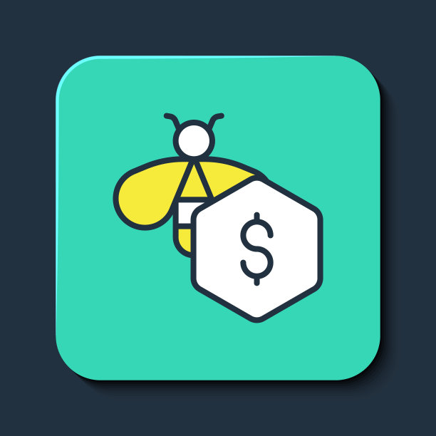填充轮廓销售蜜蜂图标孤立在蓝色背景。甜的天然食物。有翅膀符号的蜜蜂或apis。飞行昆虫。绿松石方形纽扣。向量图片下载
