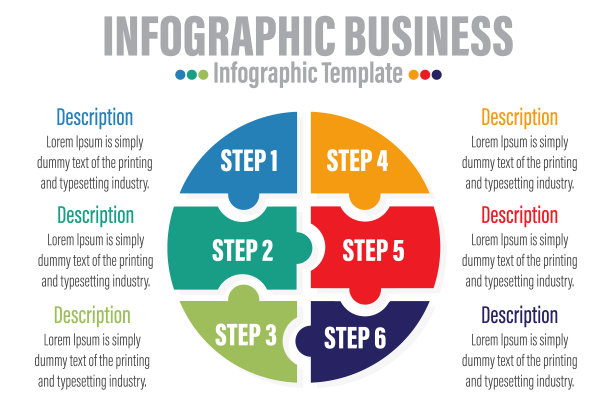 信息图表模板的业务。6步现代拼图图与圆圈和主题标题，展示矢量信息图。图片下载