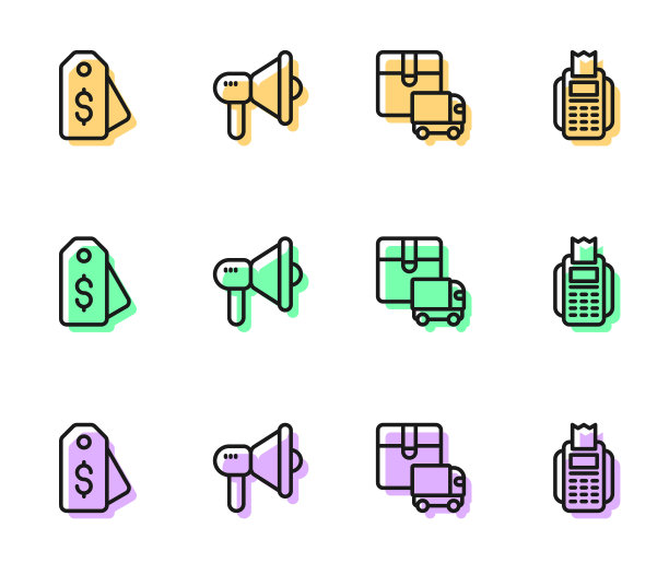 设置线送货卡车，价格标签与美元，扩音器和POS终端图标。向量图片下载