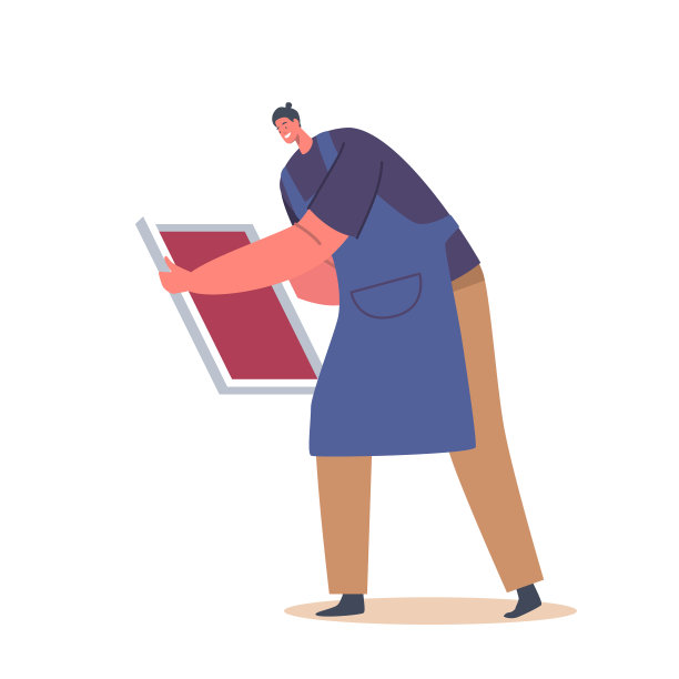 穿着围裙的男人拿着丝网在t恤上印丝绸。图片展示了在服装上印刷图案的过程图片下载