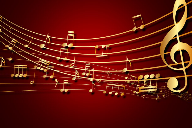 抽象的音乐背景。金色的音符和高音谱号对线波的声音曲调图片下载