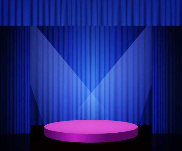 抽象的房间，蓝色的窗帘和紫色的台座讲台图片下载